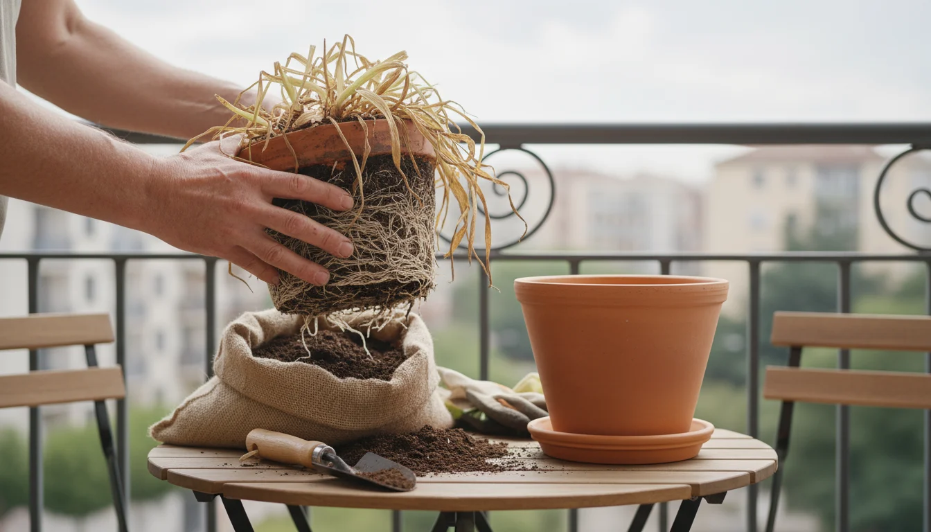Hands repotting dormant bulb clumps from a weathered terracotta pot to a larger one on a compact balcony table, with fresh soil.