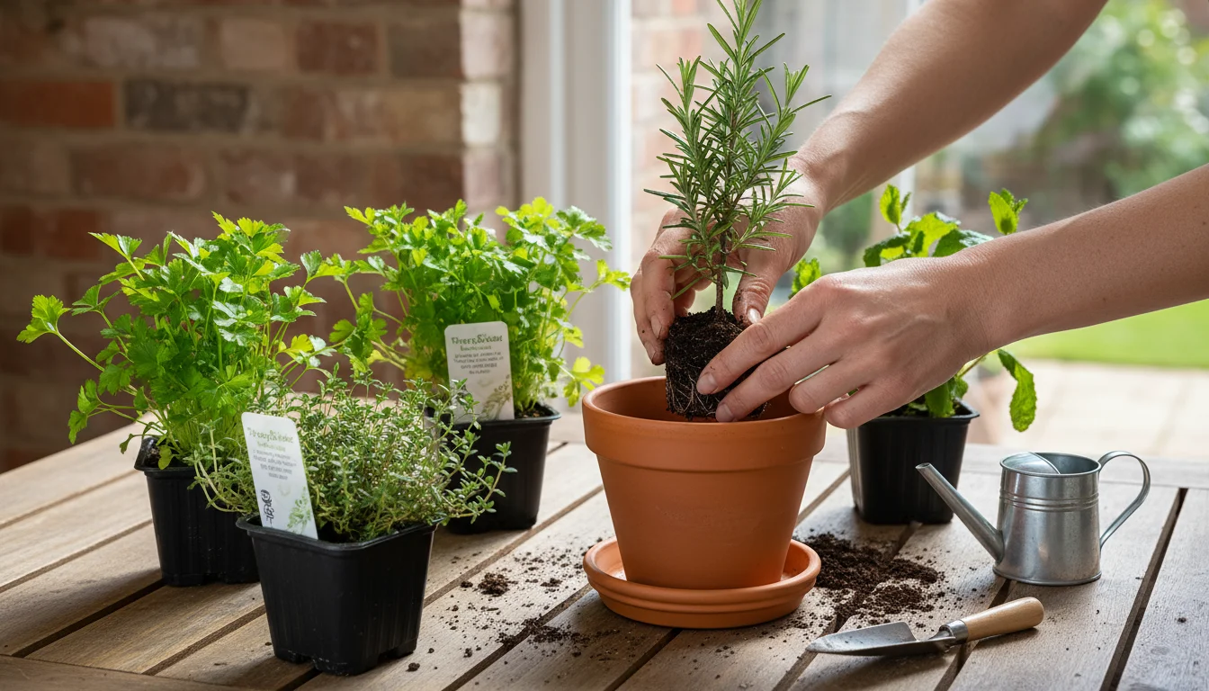 Close-up of hands repotting a rosemary plant into a terracotta pot, surrounded by various supermarket herbs like parsley, mint, and thyme on a wooden 
