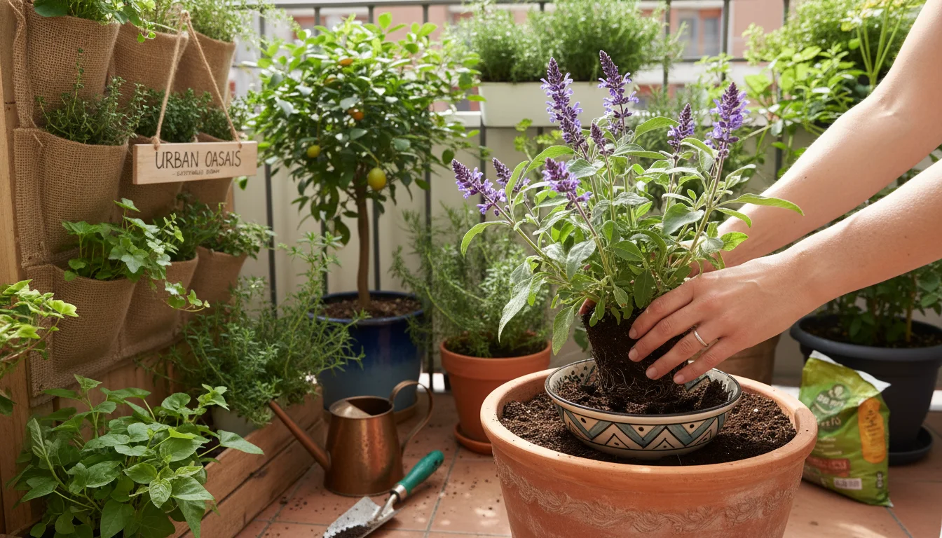 Hands carefully repotting a small sage plant from a decorative pot into a larger terracotta pot on a balcony, surrounded by other plants.