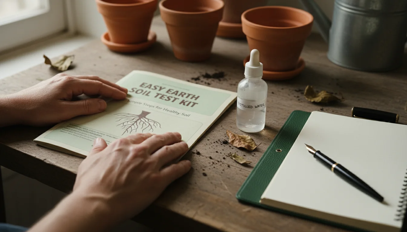 Hands resting on a soil test kit manual next to distilled water and a garden journal on a small balcony table with container plants.