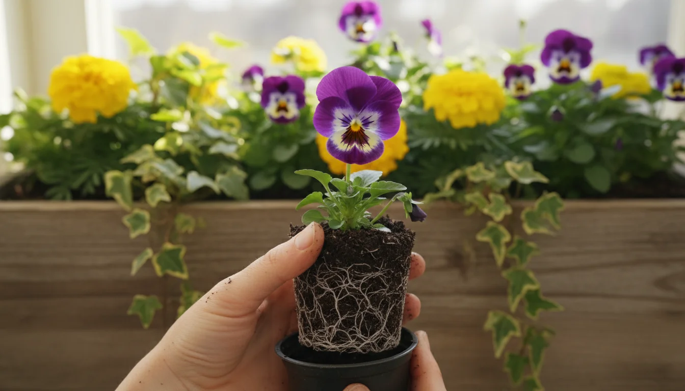 Hands gently reveal the healthy root ball of a purple pansy plant being lifted from a small pot, near a window box.