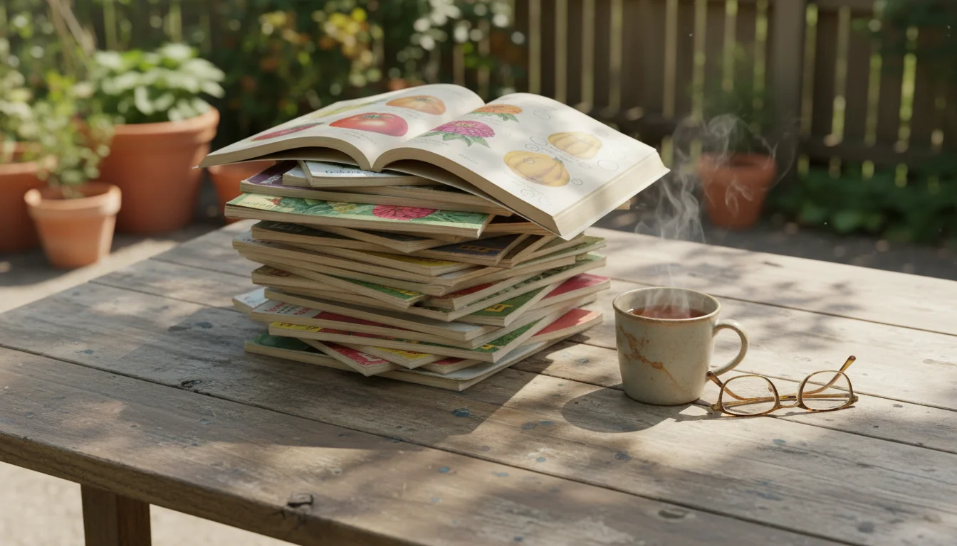 Hands review an open seed catalog with handwritten notes on a rustic patio table, vibrant balcony plants blurred in the background.