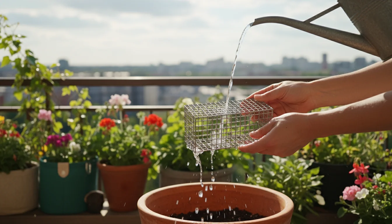 Hands rinse a metal suet bird feeder on a balcony. Container plants with minor leaf imperfections and a compost pail are in the background.