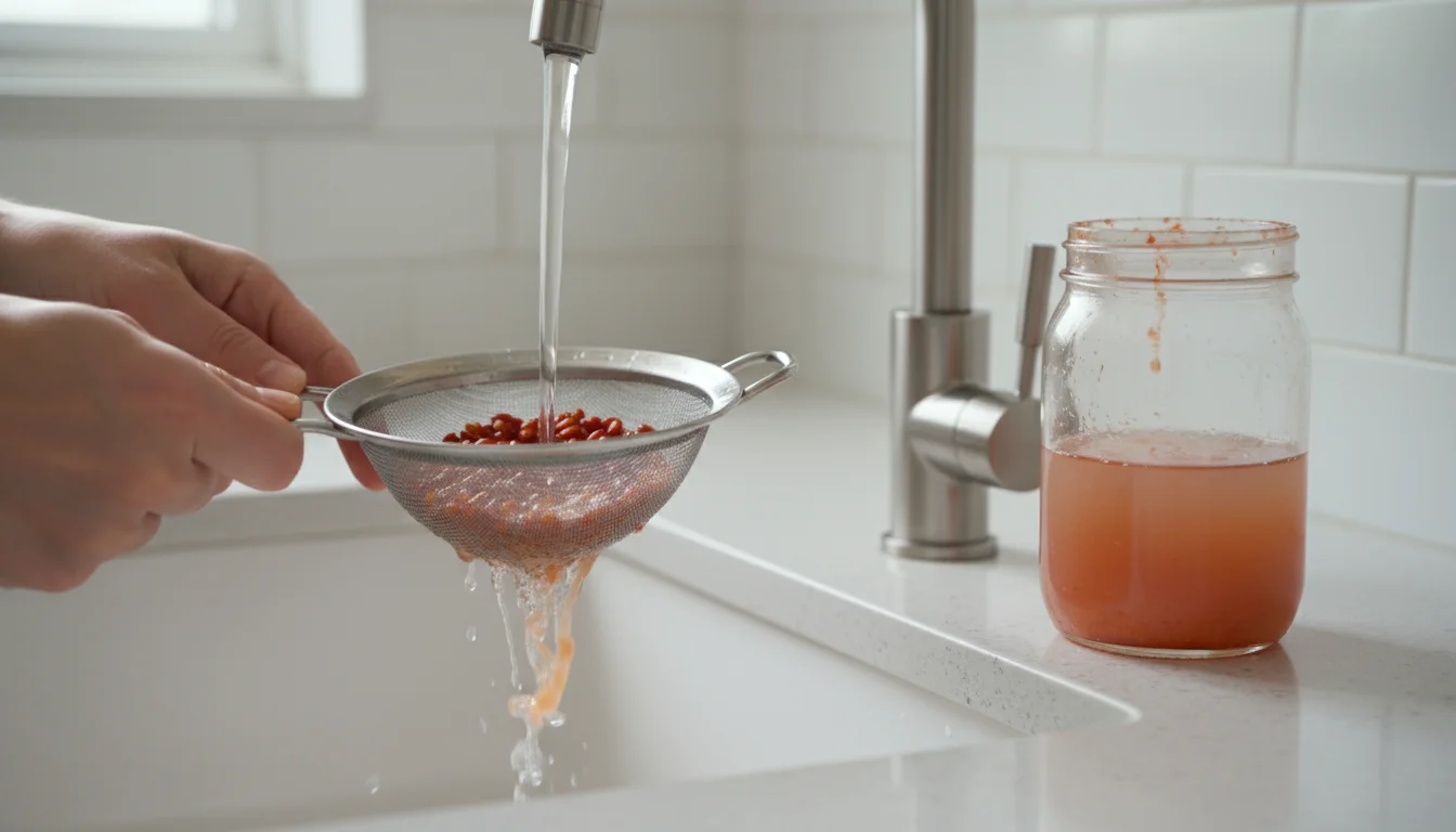 Hands rinse red tomato seeds in a fine-mesh strainer under running water at a kitchen sink, with a glass jar nearby.