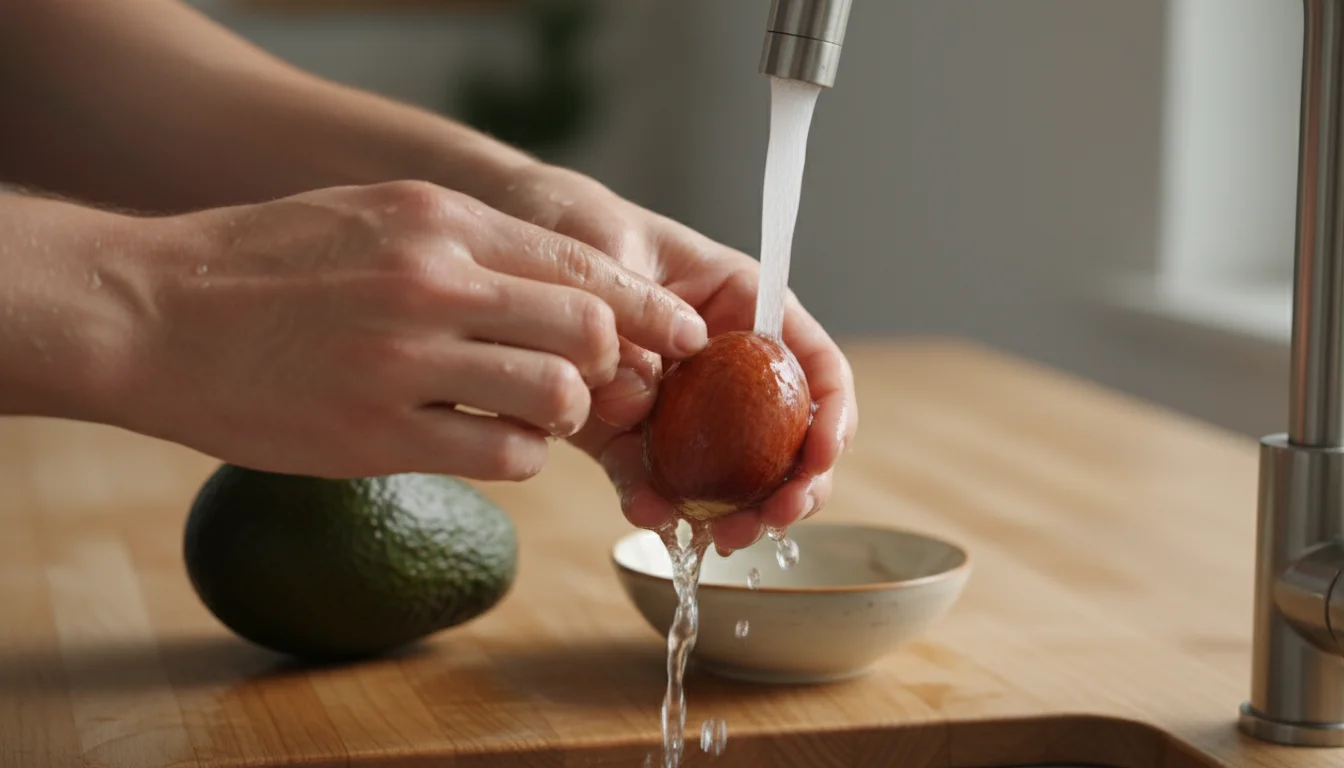 Hands gently rinse a single avocado pit under a kitchen faucet; other avocados and pits are visible on the counter.