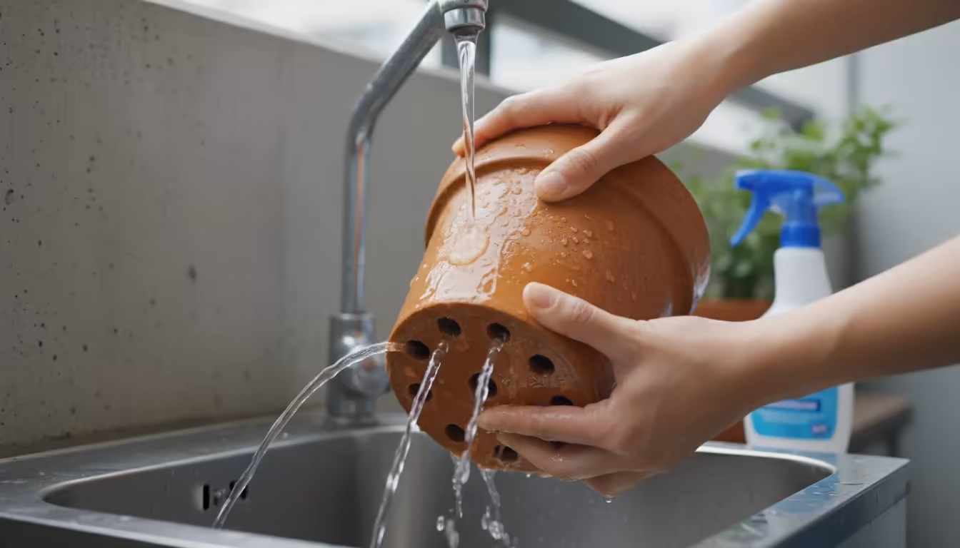 Hands rinse a terracotta one-gallon pot under running water in a utility sink, water flowing through drainage holes. A spray bottle sits nearby.