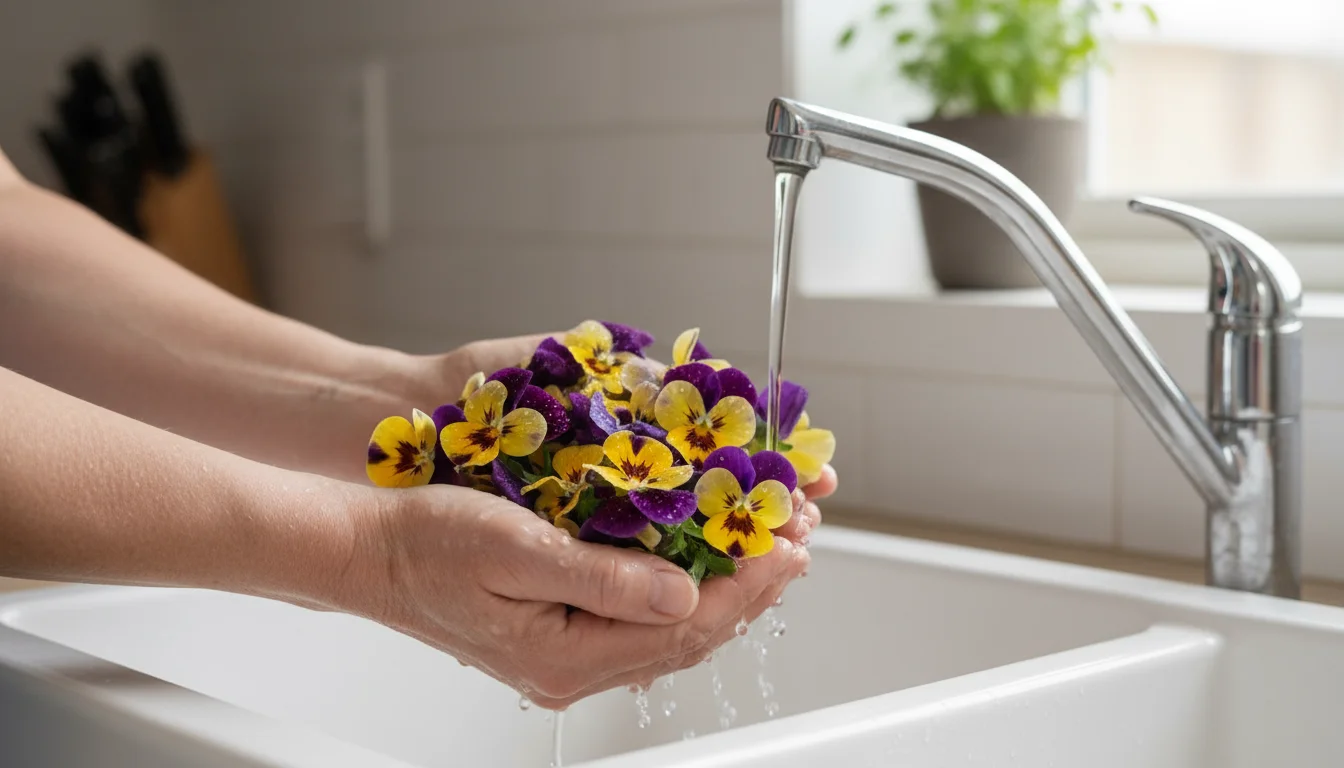 Hands gently rinse vibrant purple and yellow pansy blossoms under a kitchen faucet, preparing them for consumption.