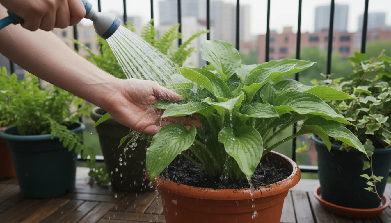 Close-up of hands gently rinsing ash from vibrant green leaves of a container plant on a compact balcony, water visibly dripping.