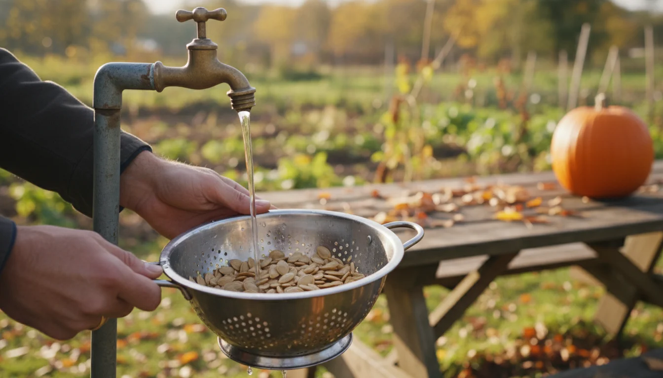 Hands rinsing clean pumpkin seeds in a colander under running water on a sunny patio with potted plants.