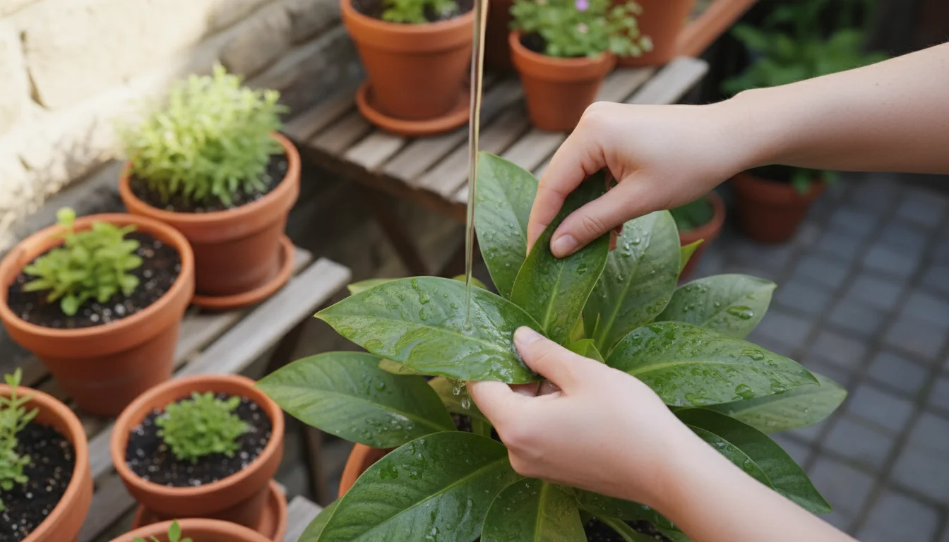 Close-up of hands gently rinsing dust and ash off broad green leaves of a container plant with a watering can on a sunny patio.
