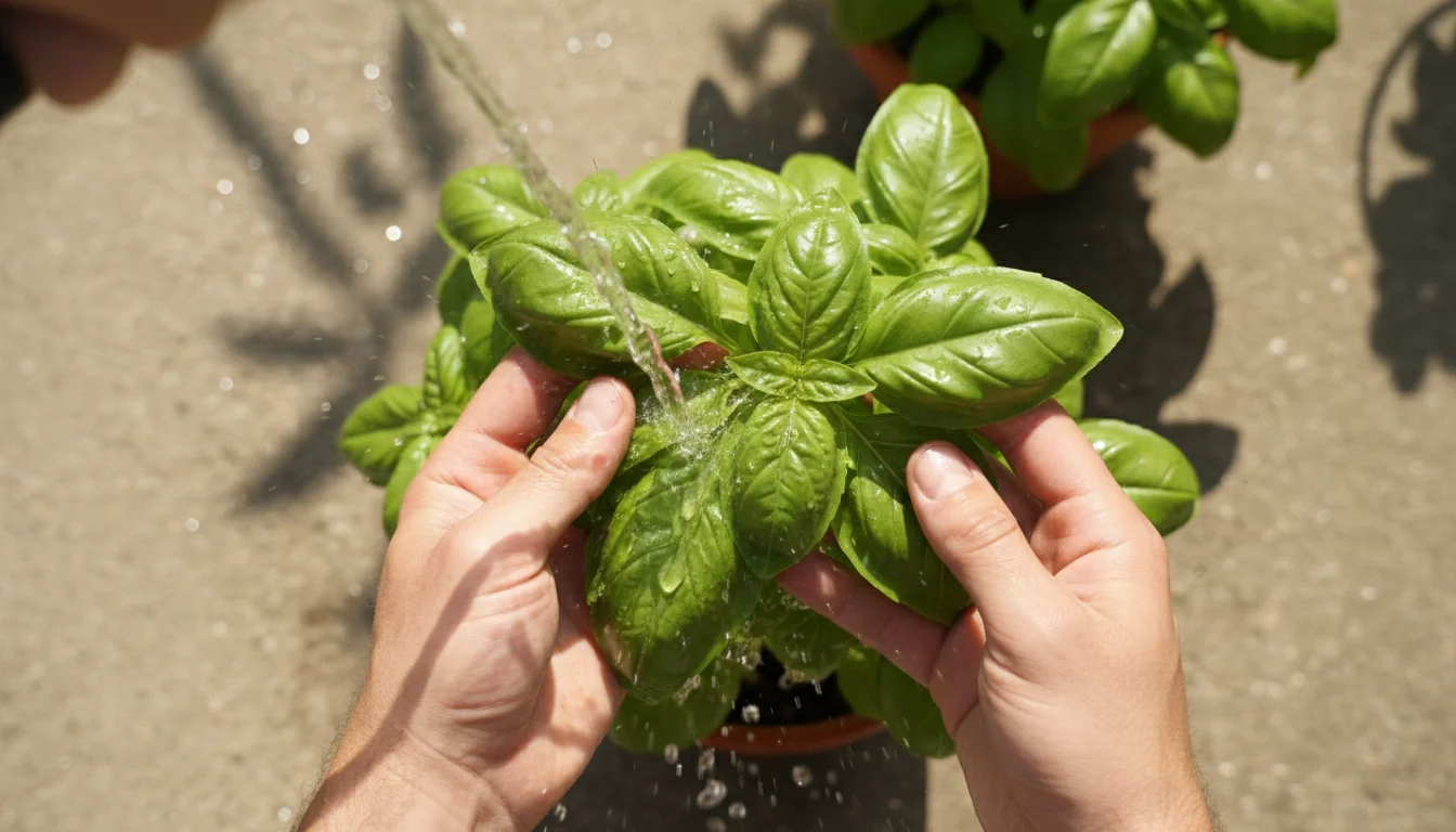 Close-up of hands rinsing a potted basil plant on a patio with a garden hose to remove pests.