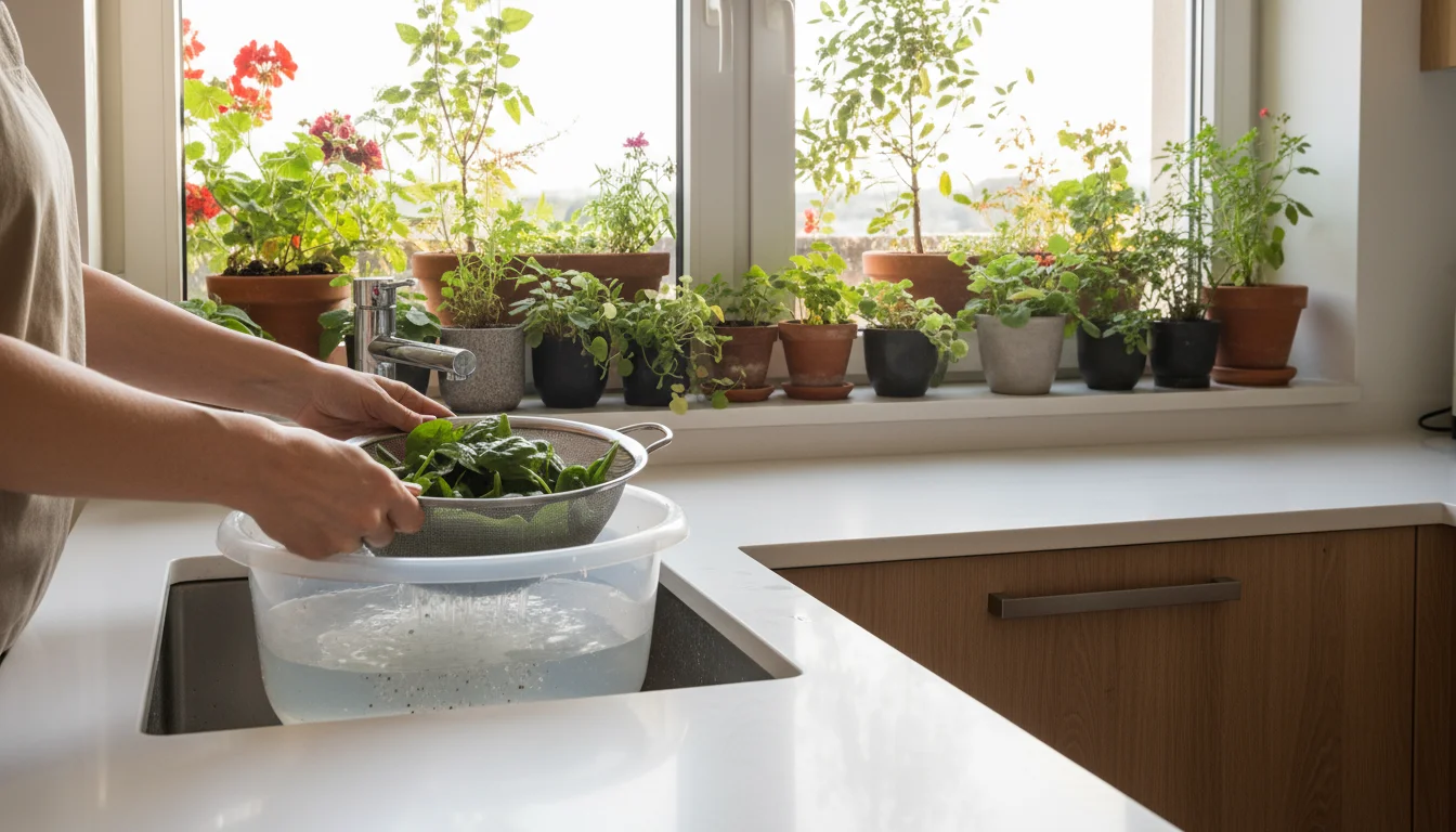 Hands rinsing spinach into a greywater collection basin in a kitchen sink, with a balcony garden visible through the window.
