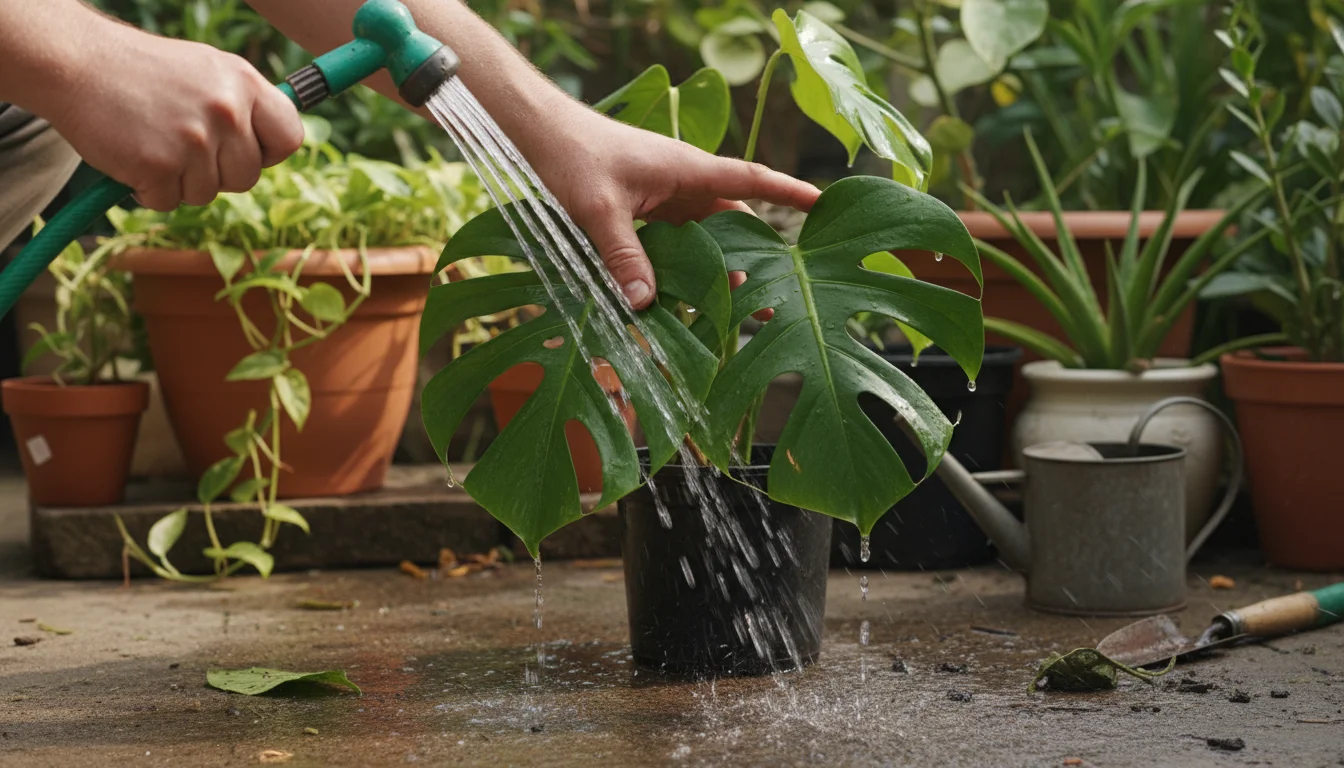 Hands rinsing the undersides of a potted plant's leaves with a hose on a patio, preparing it for indoor quarantine.