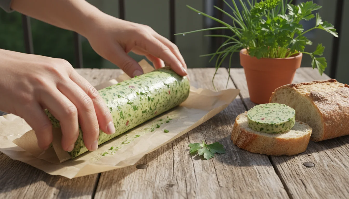 Hands roll bright green herb-flecked compound butter in parchment on a wooden table, with a pot of fresh herbs and bread nearby.