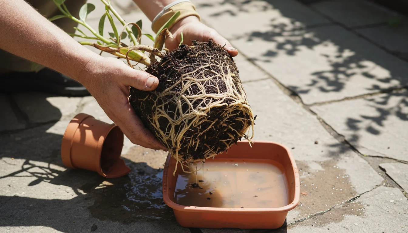 Close-up of hands examining roots of an unpotted container plant on a patio, showing healthy pale roots alongside dark, mushy rotted ones.