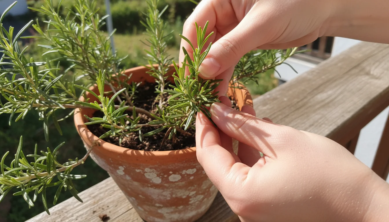 Hands gently examining a rosemary plant stem in a terracotta pot, highlighting the visual difference between soft new growth and woody mature growth.