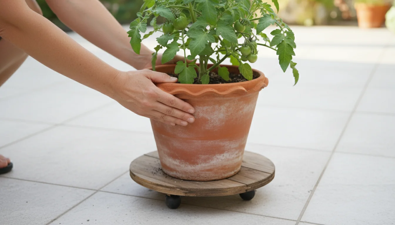 Hands gently rotate a container with a healthy tomato plant, which sits on a wheeled caddy on a patio, for easy access.