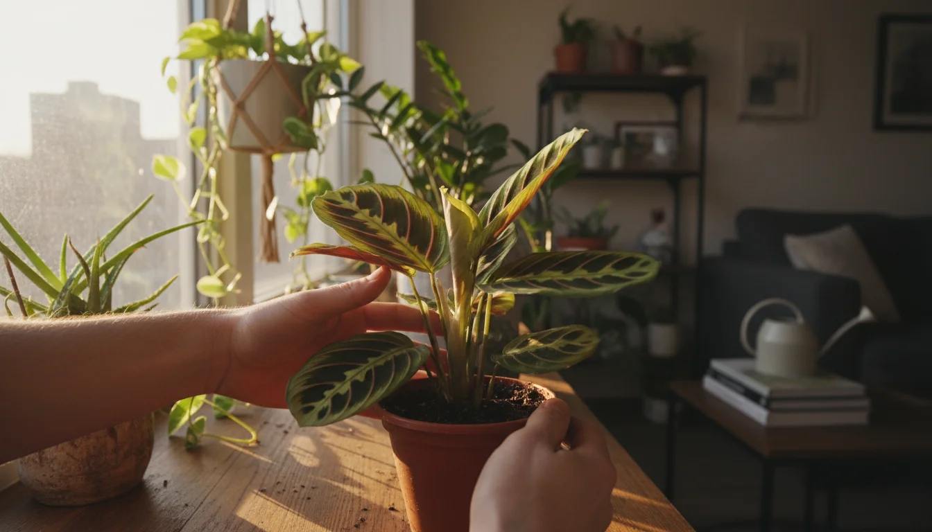 Hands gently rotate a Maranta plant on a sunlit windowsill, surrounded by other diverse houseplants in an urban apartment.