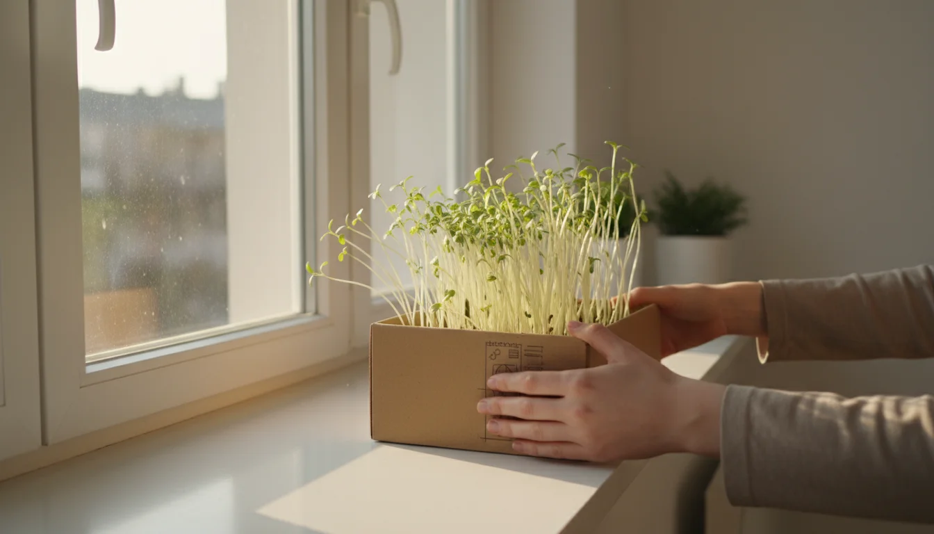 Hands gently rotate a shoebox of leggy, pale green seedlings on a sunlit apartment windowsill, highlighting their stretched, thin stems reaching for l