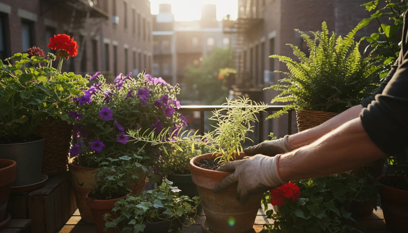 Hands rotate a terracotta pot with a pale, leggy plant on a sunny urban balcony, surrounded by healthier potted plants.