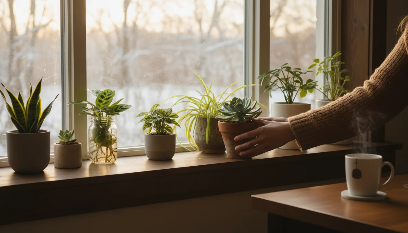 Hands gently rotate a terracotta potted succulent on a bright windowsill, optimizing its position among other houseplants for winter light.