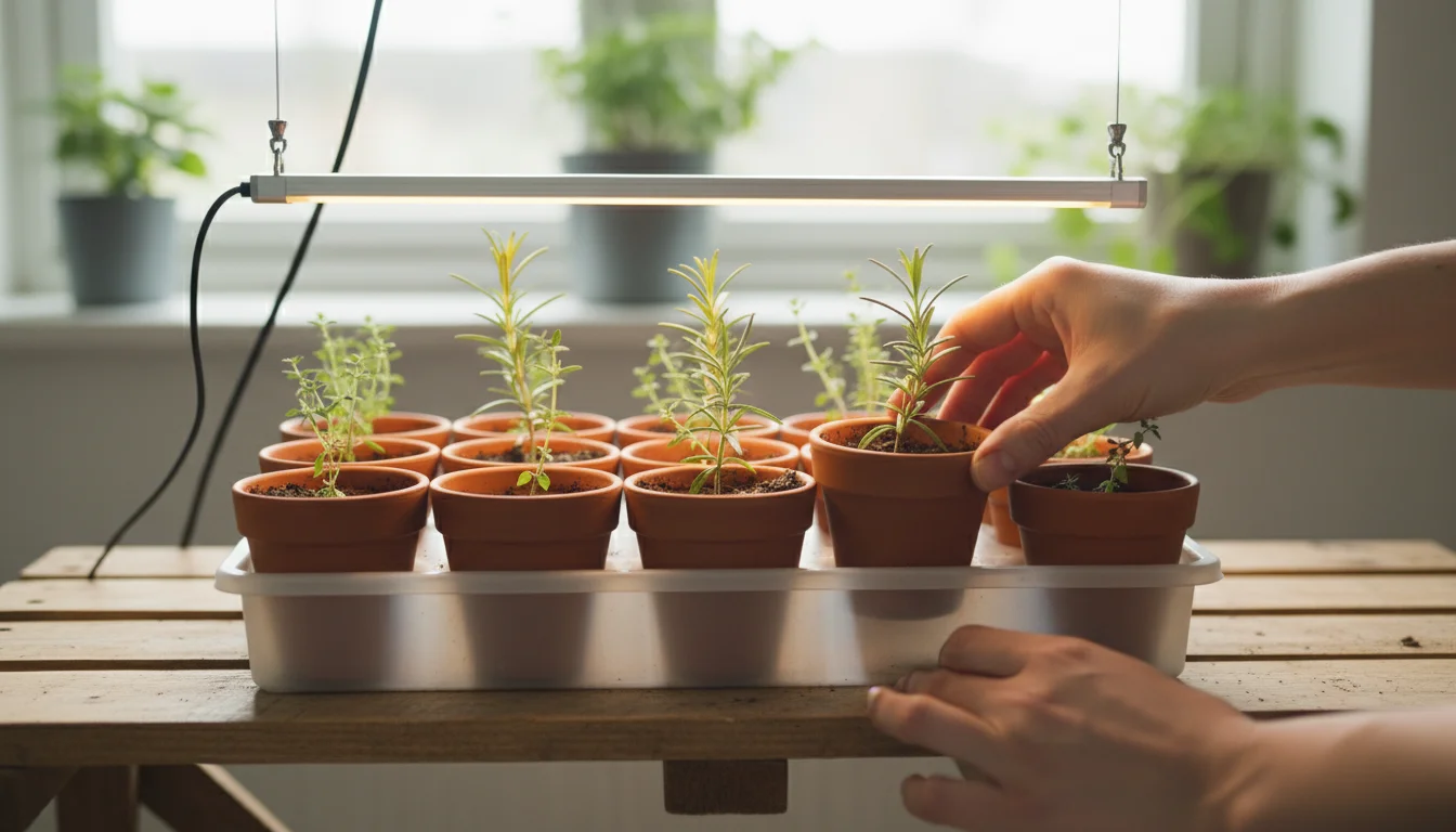 Hands rotating a terracotta pot with rosemary cuttings under a bright LED grow light on a wooden shelf.
