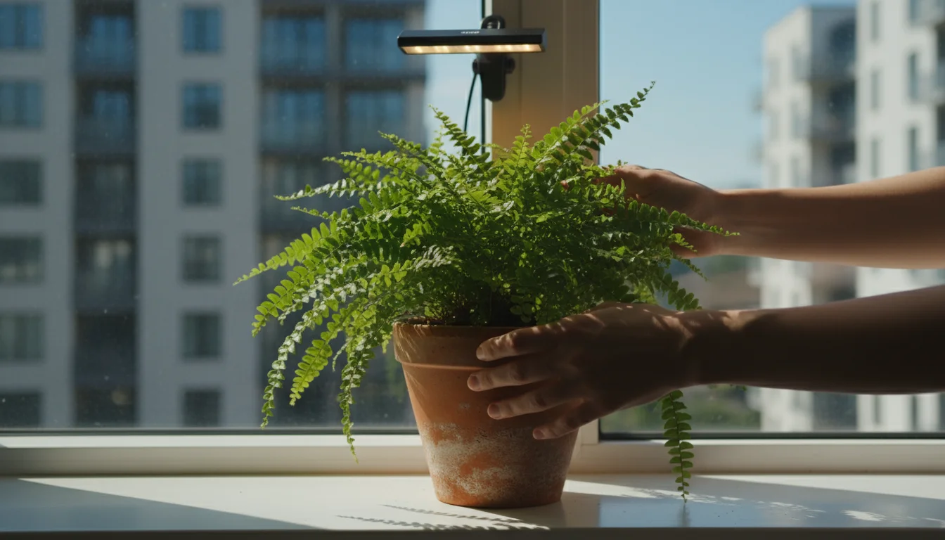 Hands gently rotating a vibrant Boston fern in a terracotta pot on a windowsill, with a small clip-on LED grow light overhead.