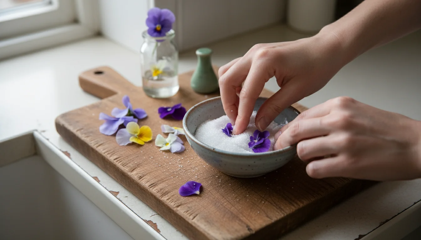 Hands gently rub vibrant purple pansy petals into white granulated sugar in a ceramic bowl on a wooden board.