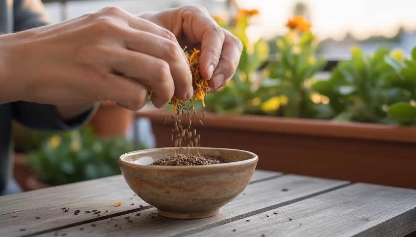 Close-up of hands rubbing dried calendula flower heads over a rustic ceramic bowl, separating tiny seeds and light chaff.