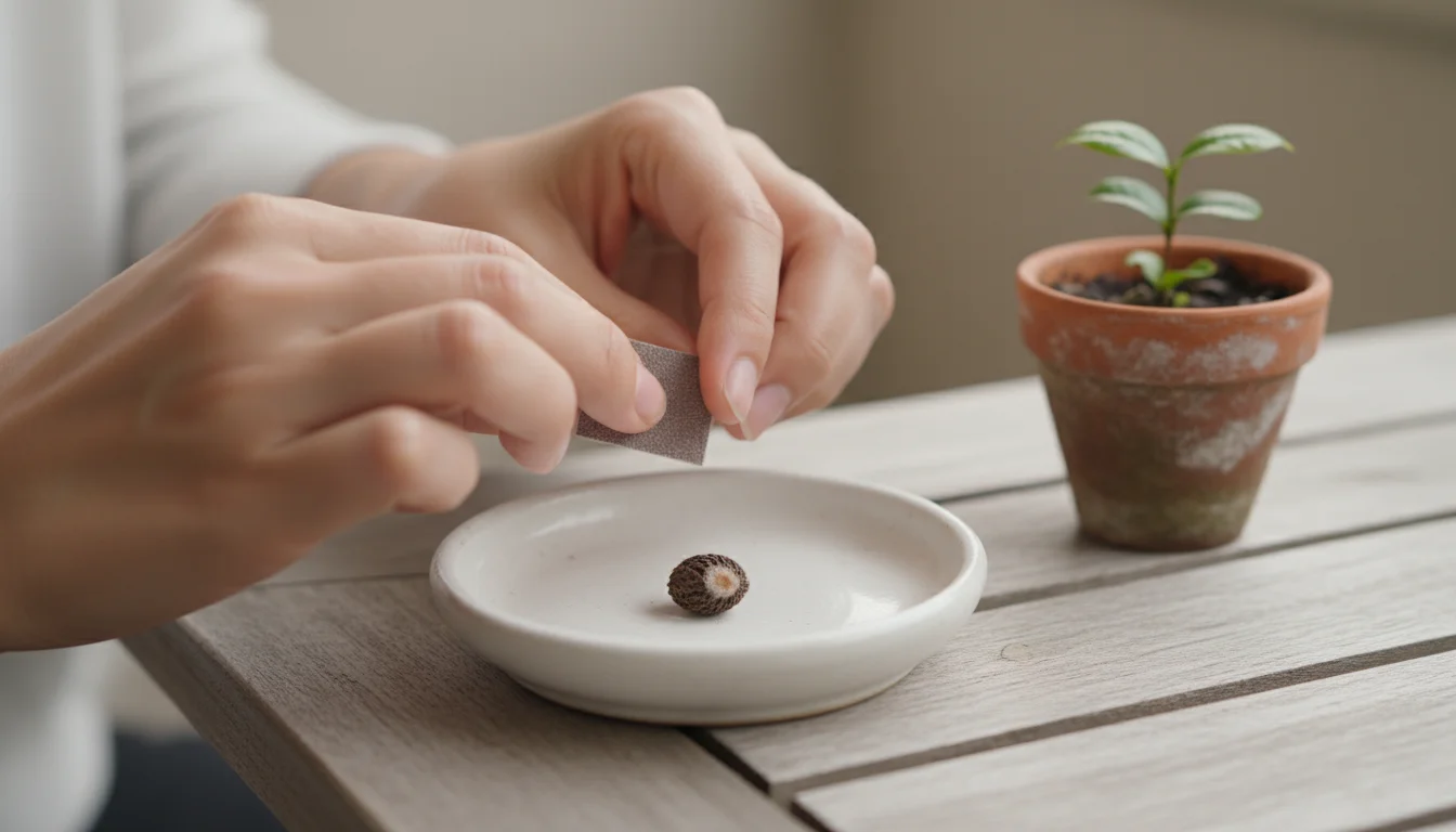 Close-up of hands gently rubbing a small Camellia sinensis tea seed with sandpaper on a white dish, with other seeds soaking in water nearby.