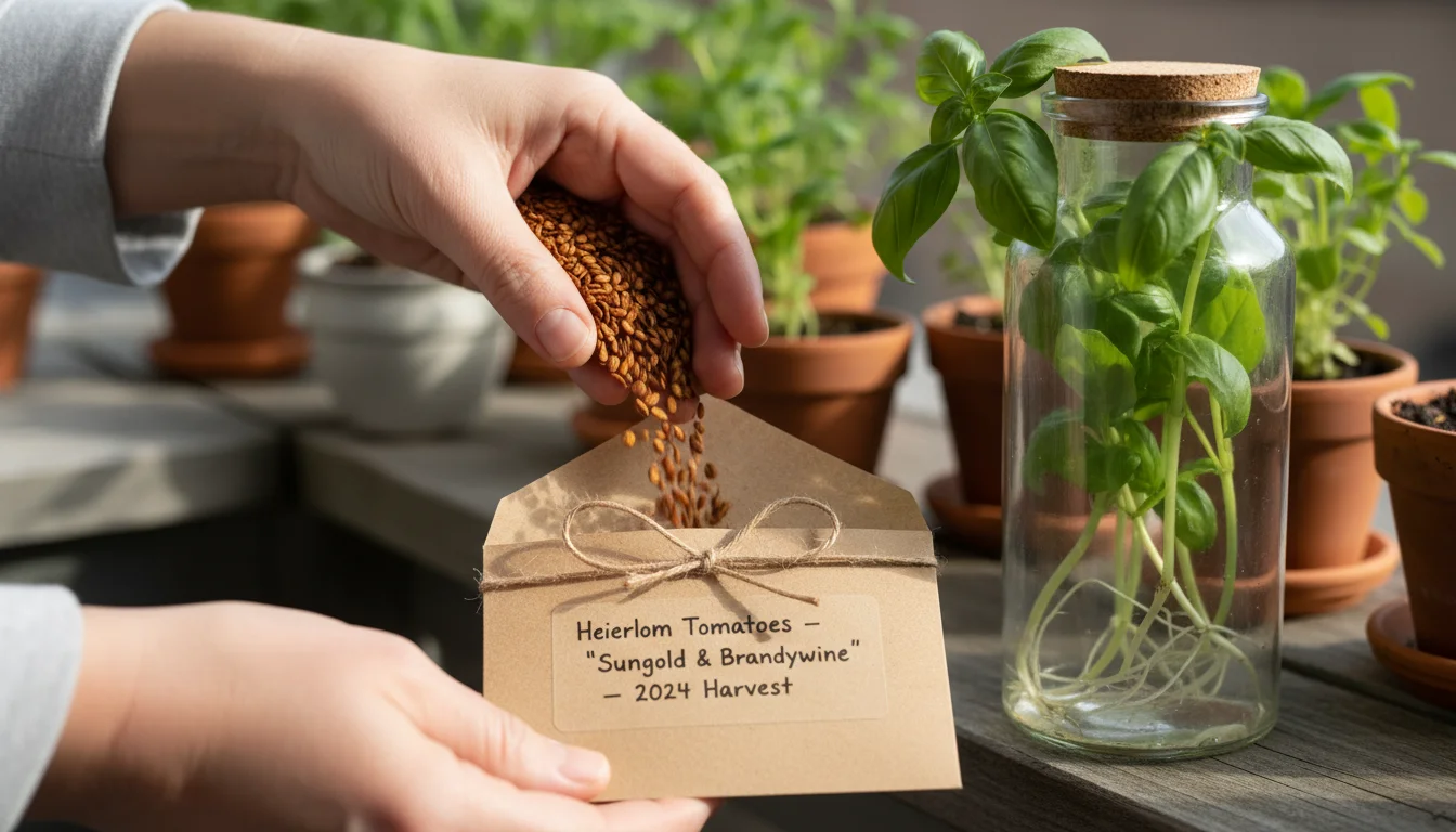 Hands gently save dried tomato seeds into an envelope next to basil cuttings rooting in water on a small balcony table.