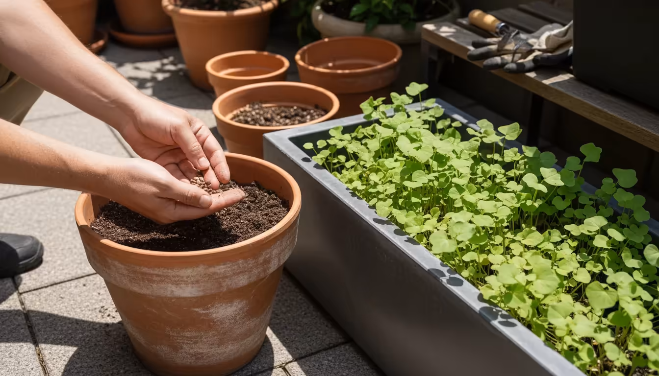 Hands scattering seeds into a terracotta pot next to a vibrant young buckwheat cover crop in a modern planter on a sunlit patio.