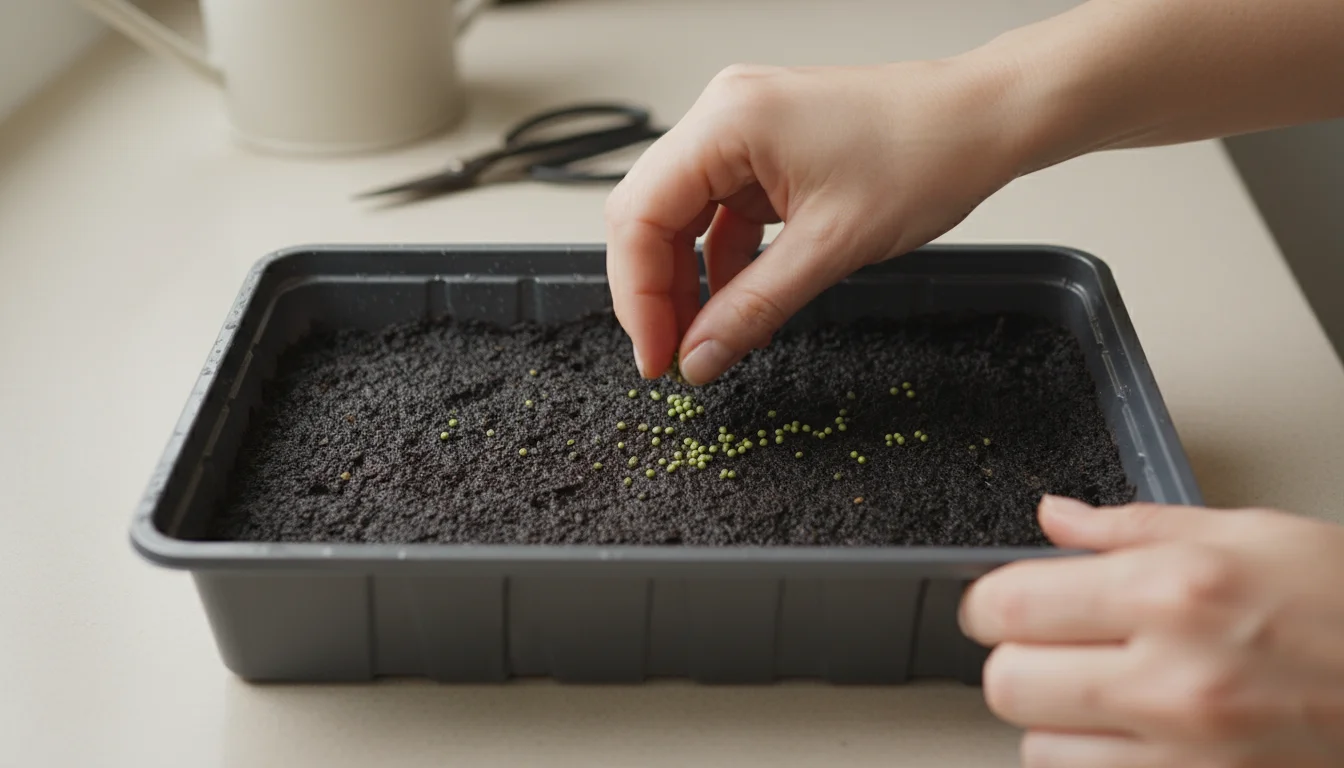 Close-up, slightly overhead view of hands gently scattering tiny microgreen seeds onto damp seed starting mix in a dark grey tray on a kitchen counter
