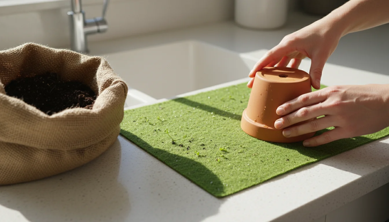Hands scoop damp potting soil from a bag into a terracotta pot, both positioned neatly on a green plant mat on a counter, showing no mess.