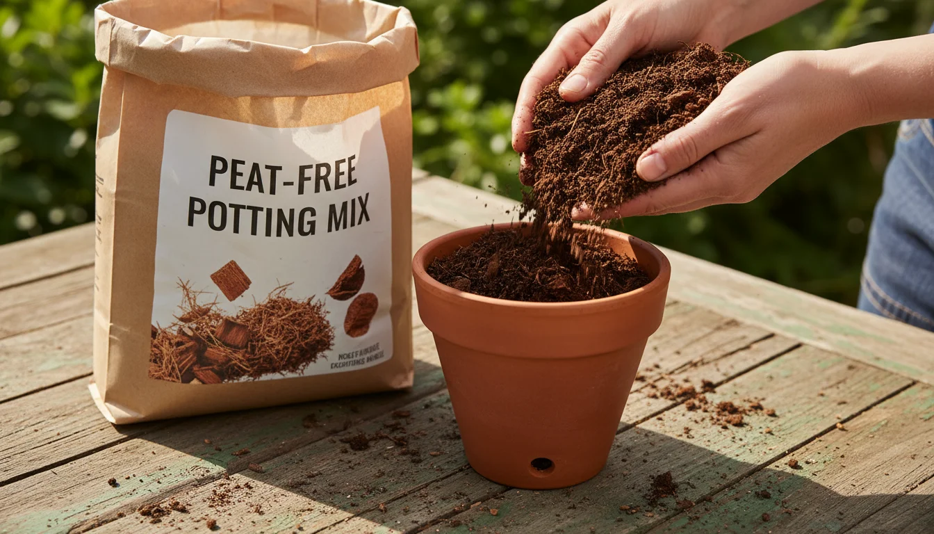 Hands scoop dark, fibrous peat-free potting mix from a labeled bag into a terracotta pot on a small balcony table, emphasizing sustainable choice.