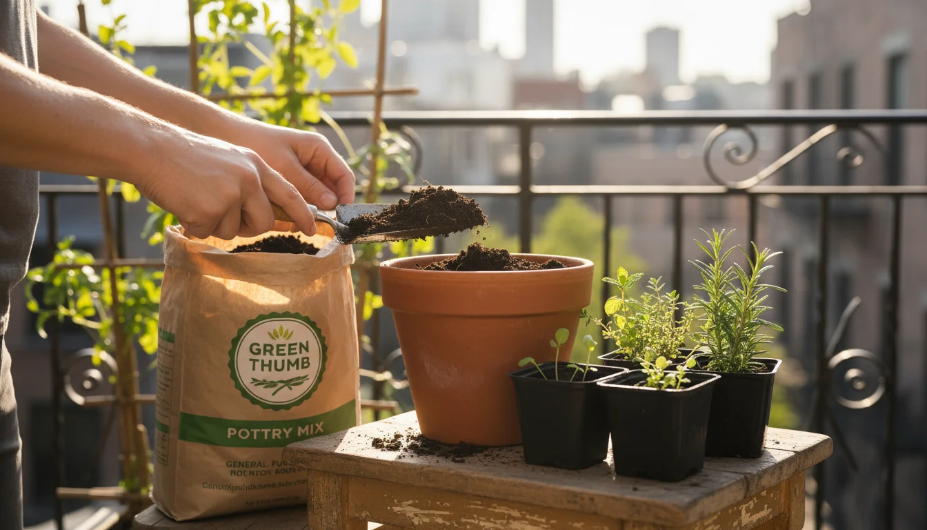 Hands scoop dark general-purpose potting mix from a bag into a terracotta pot on a sunlit balcony stool, with herb seedlings nearby.
