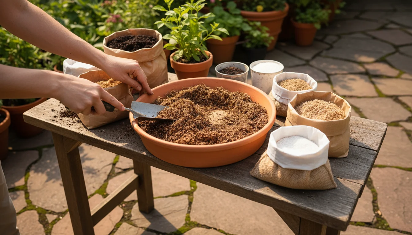 Hands scoop perlite into a terracotta basin of old potting mix on a wooden bench, surrounded by soil amendments.