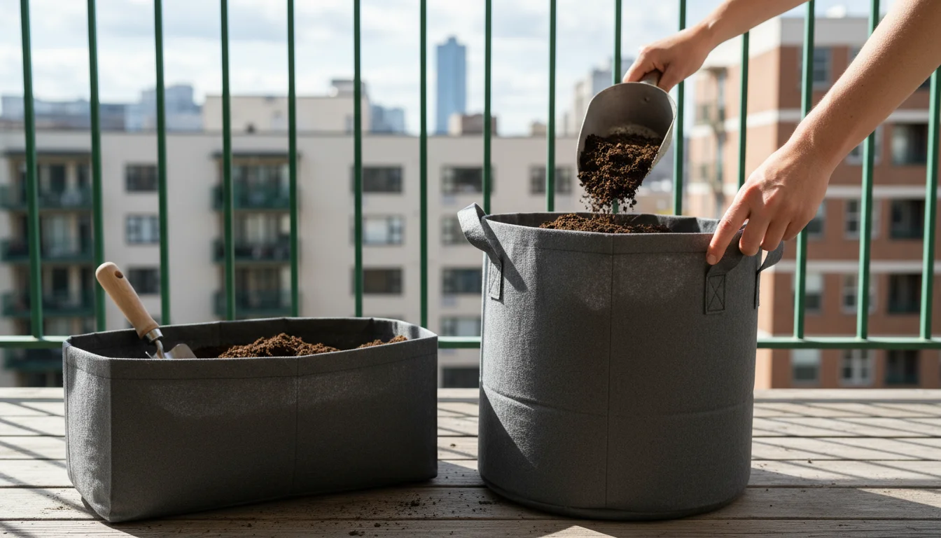 Hands scoop potting mix into a grey fabric grow bag on a balcony. A window box with soil and a trowel is next to it.