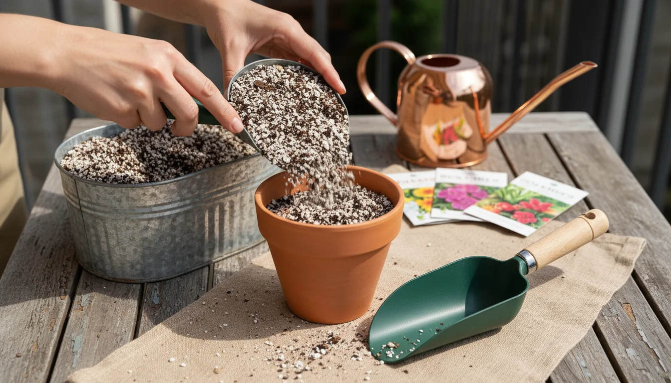 Hands scoop potting mix from a metal bin into a terracotta pot on a balcony table, with a hand scoop, mat, and watering can nearby.