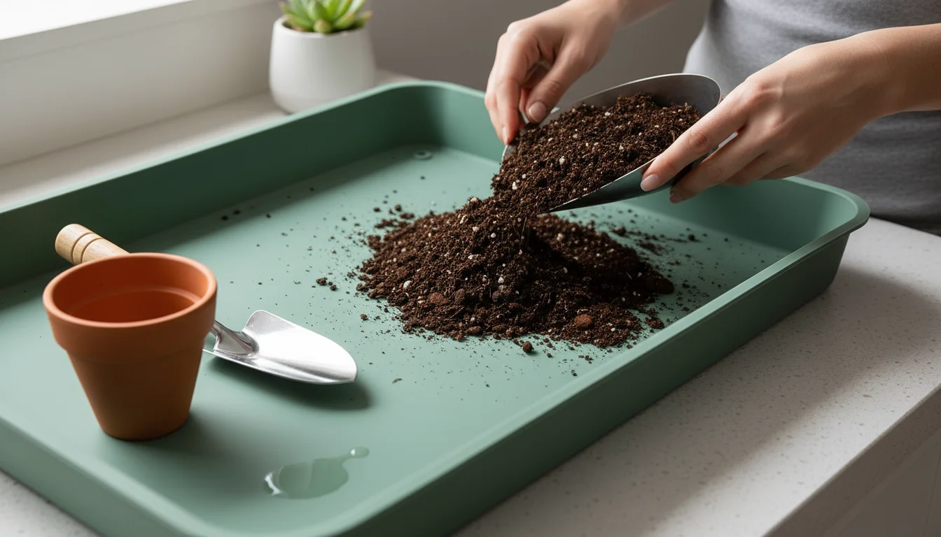 Hands scoop potting mix onto a sage green silicone potting mat with raised edges, containing soil on a kitchen counter.