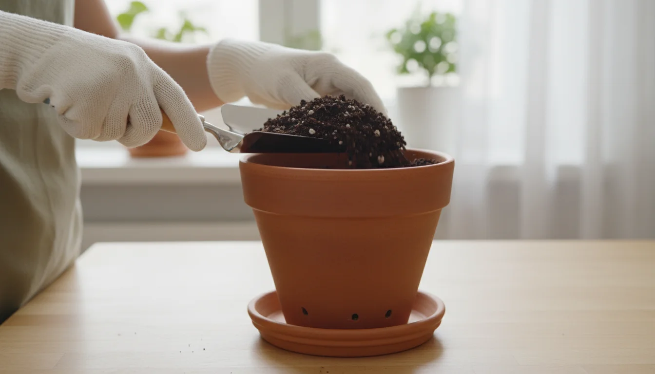 Hands scoop potting mix into a terracotta pot with visible drainage holes on a counter, preparing for planting.