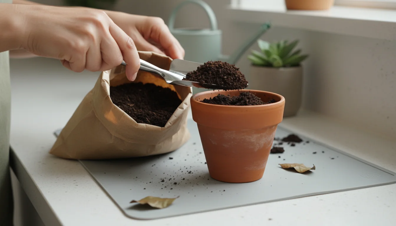 Hands carefully scoop potting soil from a bag into a small terracotta pot with a miniature metal trowel on a clean counter.