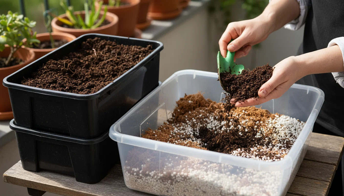Hands scoop rich compost from a balcony worm bin into a tub of coco coir and perlite for DIY potting mix.