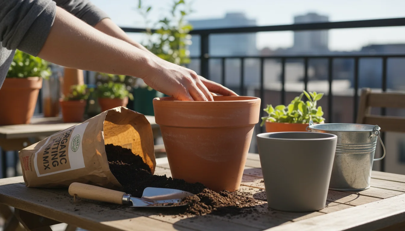 Hands scoop rich potting soil into a terracotta-hued planter on a patio; an open soil bag and various empty pots are nearby.