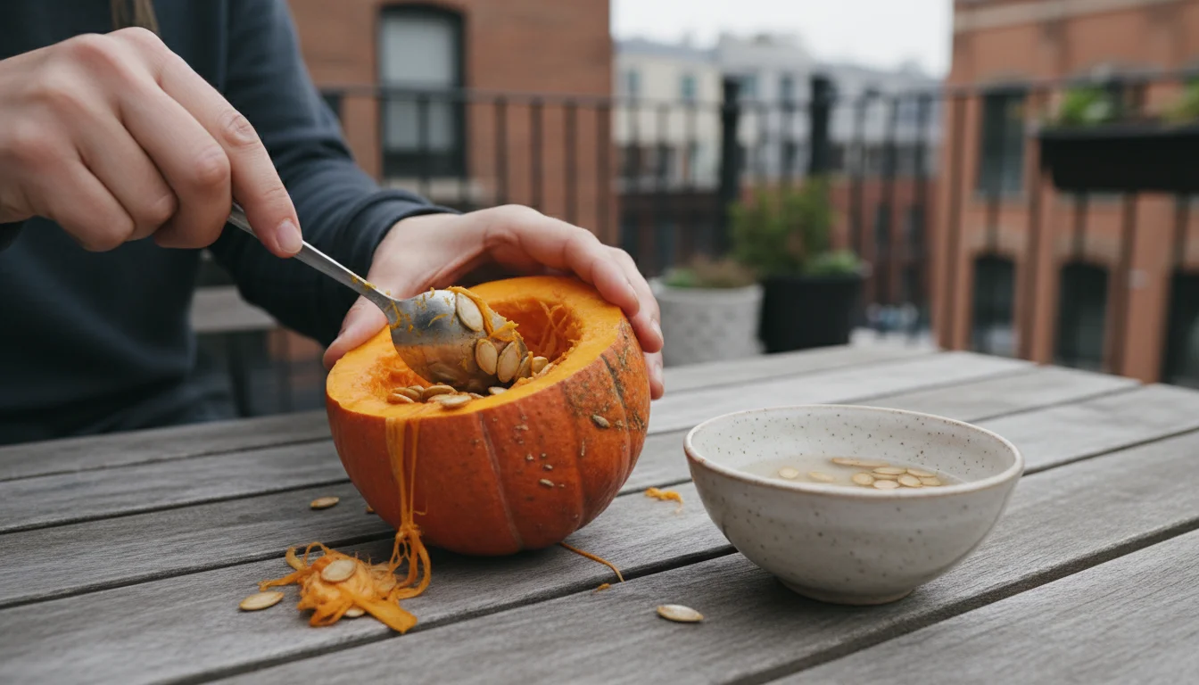 Hands scooping bright orange seeds from a small pumpkin half on a patio table, with clean seeds soaking in a bowl.
