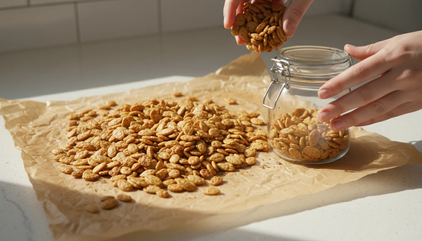 Hands scooping cooled, roasted pumpkin seeds from parchment paper into a clear glass jar on a kitchen counter, with a vibrant patio garden visible in
