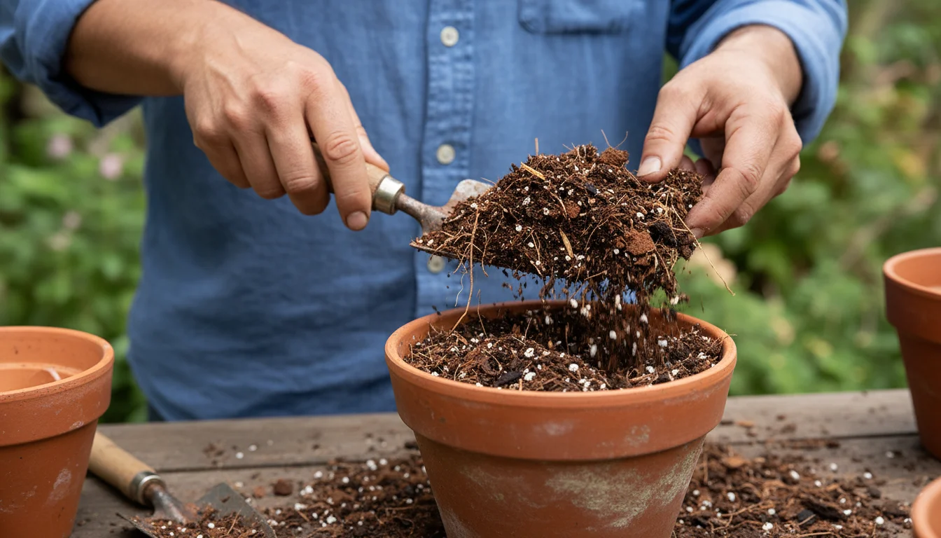 Hands scooping dark, chunky peat-free potting mix with visible bark and coco coir into a terracotta pot on a wooden patio table.