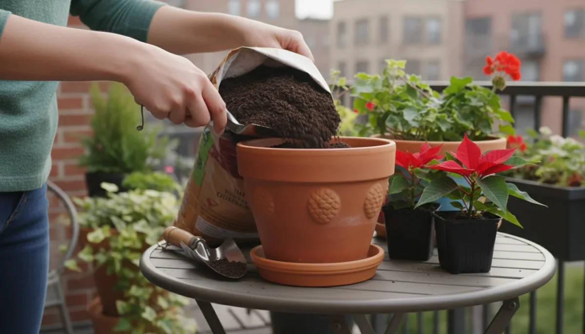 Hands scooping dark potting mix into a festive terracotta pot on a patio table with miniature poinsettias nearby.