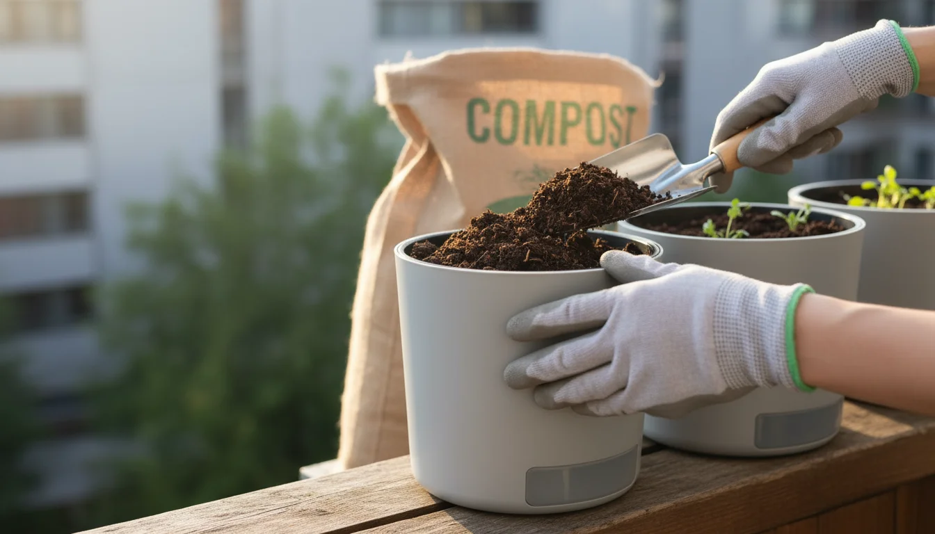 Hands scooping dark, revitalized potting mix into a modern grey self-watering container on a balcony railing.