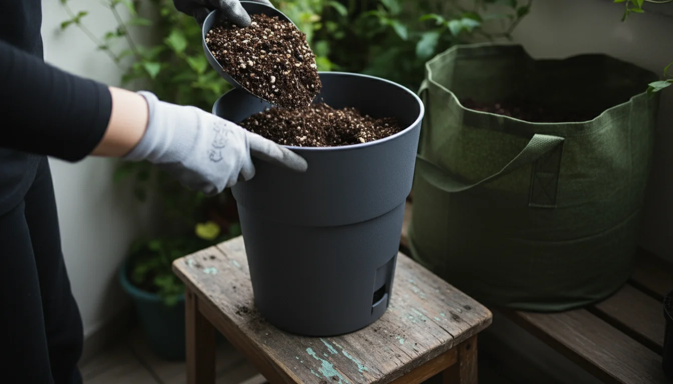 Hands scooping dark, rich potting mix into a tall, deep grey self-watering planter on a small wooden stool.